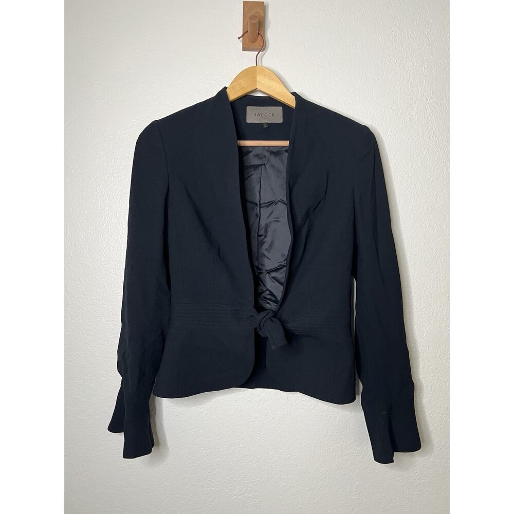 Jaeger Black Virgin Wool Tie Front Blazer Women's Size 6